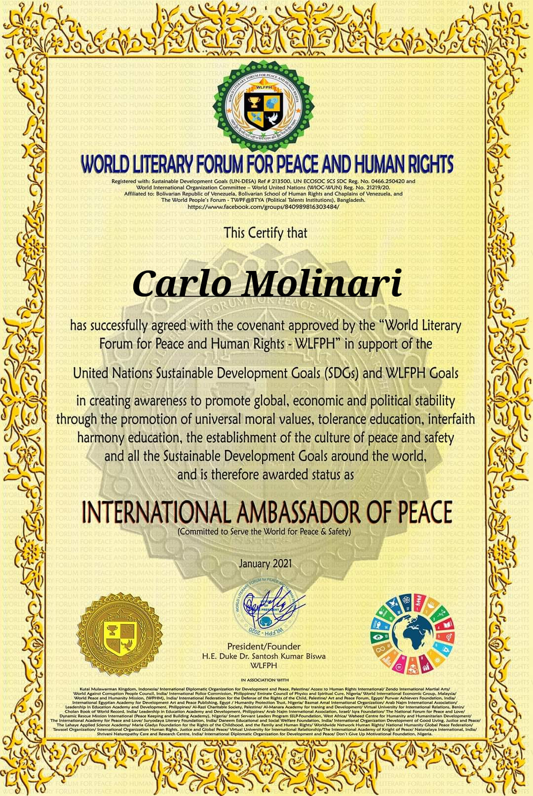 ambascitore internazionale di pace e diritti umani 07022021